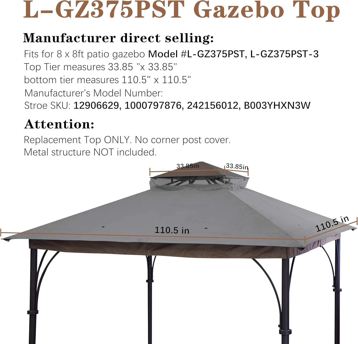 SCOCANOPY Replacement Canopy Top for 8' x 8' Gazebo #L-GZ375PST,(Gray)