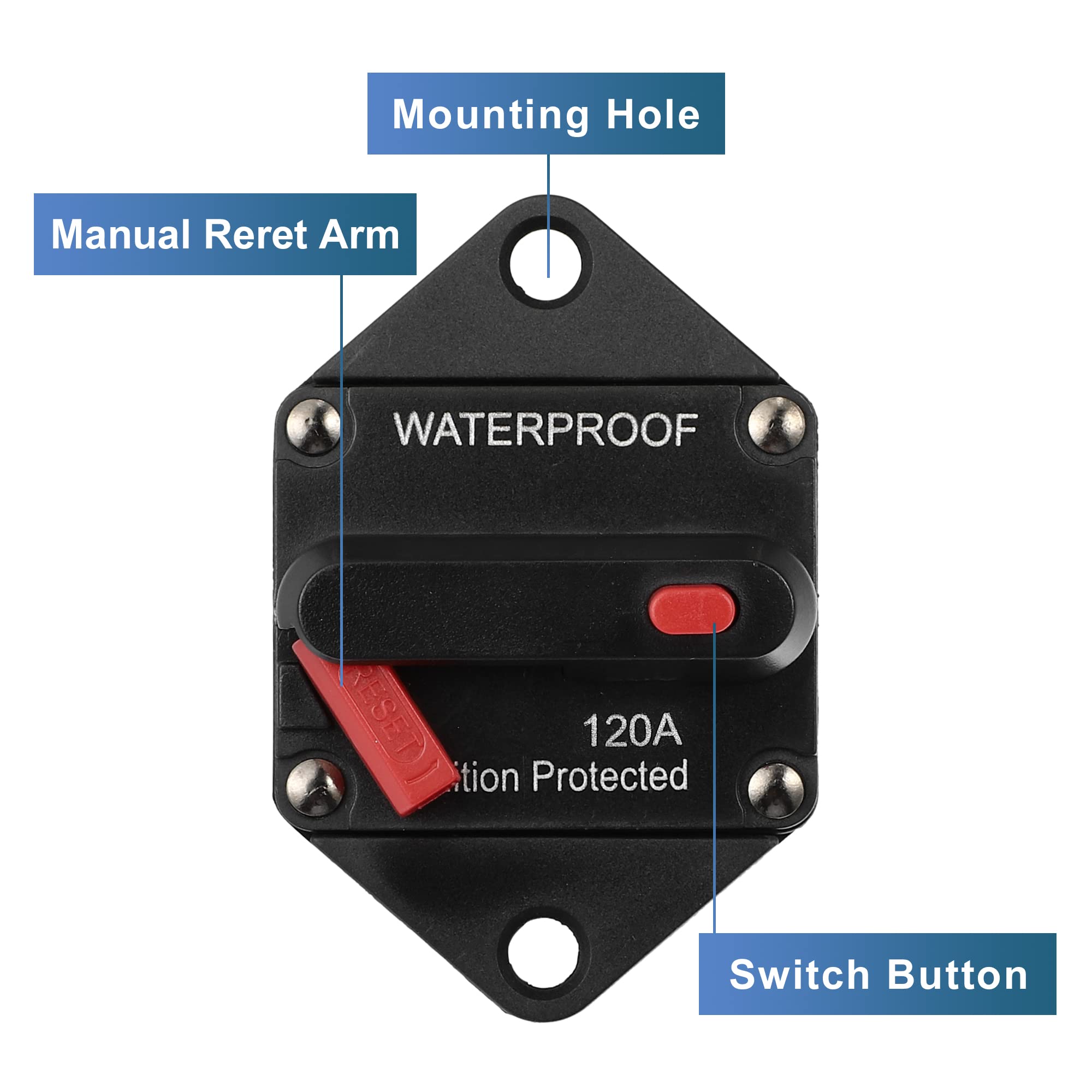 X AUTOHAUX Auto Leistungsschalter 120A Wasserdicht Reset Sicherung 12-48V | 1 Stück, Kunststoff/Zinklegierung Stahl, 7.4x5.5x4.9cm, Überlastschutz, Notausschalter, DC 12-48V