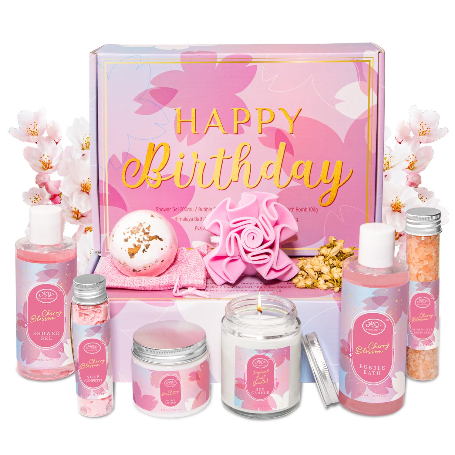 Birthday Gift for Women, Bath Sets for Women Gift, Bath and Body Gifts Set, Cherry Bloosom Spa Gift for Self Care, Thank You Relaxing Spa Basket for