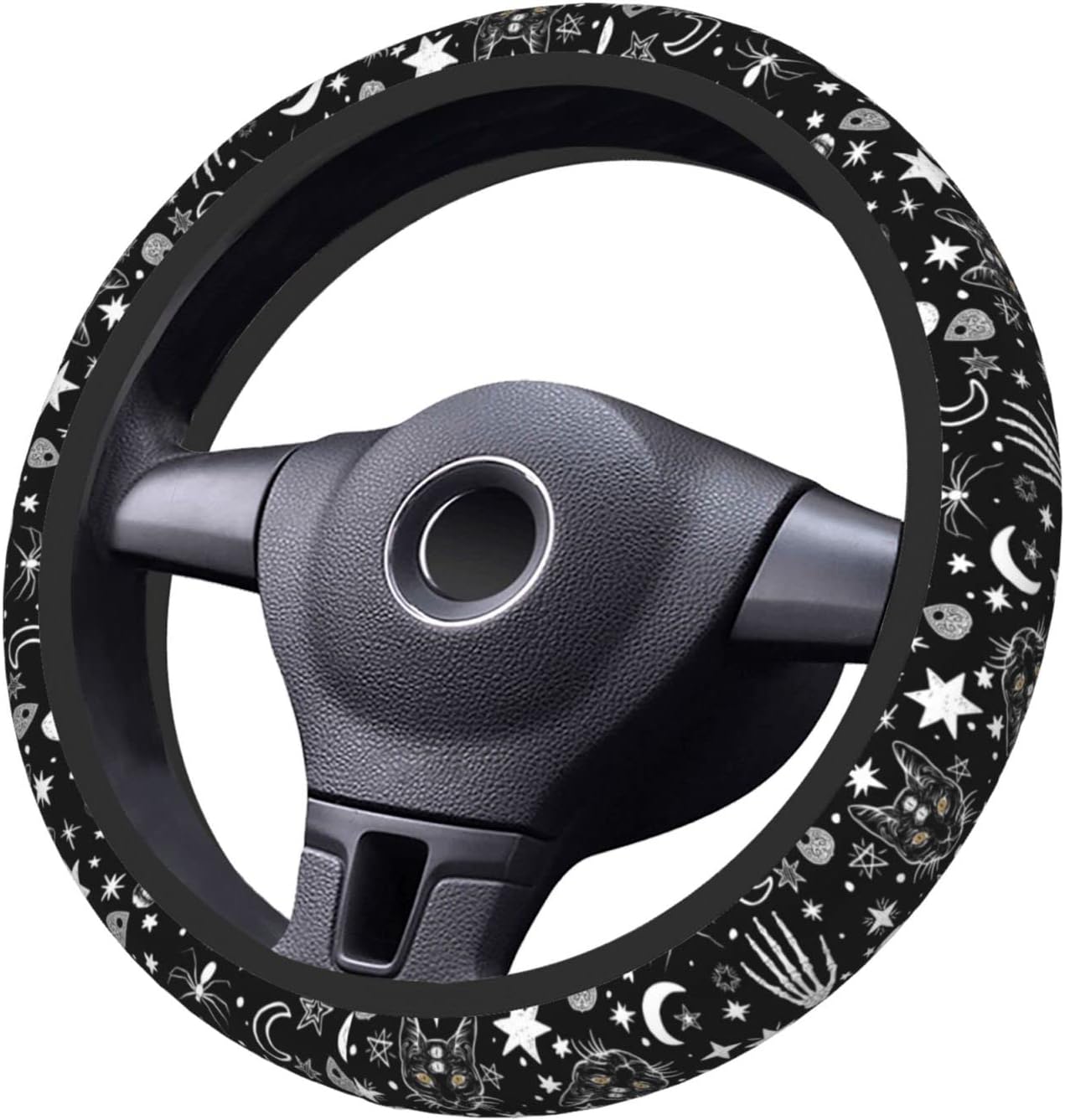 Skeleton Cat Pattern Steering Wheel Cover Non-Slip Auto Steering Wheel Protector Car Accessories Universal Fit 15 Inches for Men Women - Image 2