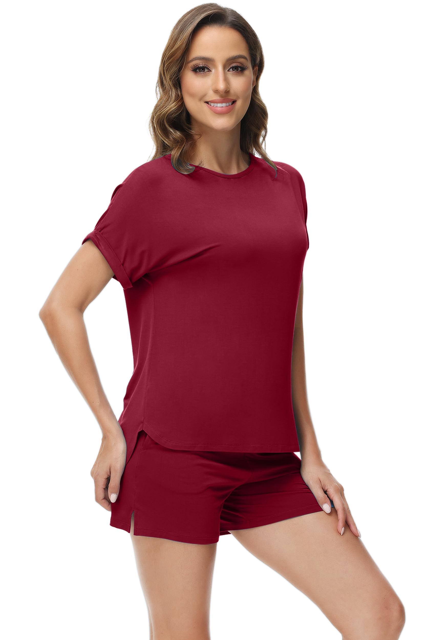 WiWi Schlafanzug-Set aus weicher Viskose aus Bambus, für Damen, Sommer, kurzärmelig, Oberteil mit Shorts, kühlende Nachtwäsche, S-XXL