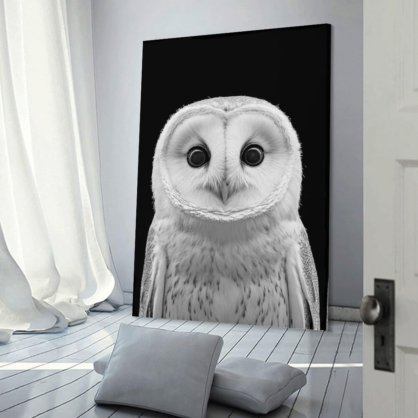 Junmoney White Barn Owl Portrait Photo Decorative Wall Artwork 20x30inch(50x75cm), for Front Hall, Corridor Or Welcome Spaces, Decorative Wall Art for Narrow Spaces
