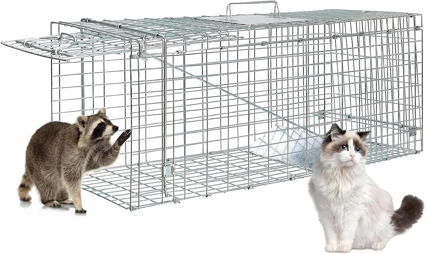 Wemart32" Live Animal Cage Trap, Heavy Folding Wild Animal Cage Trap, Humane Cat Trap for Stray Cats, Raccoons, Squirrel, Skunk, Mole, Groundhog, Armadillo, Rabbit, Catch and Release (Silver)