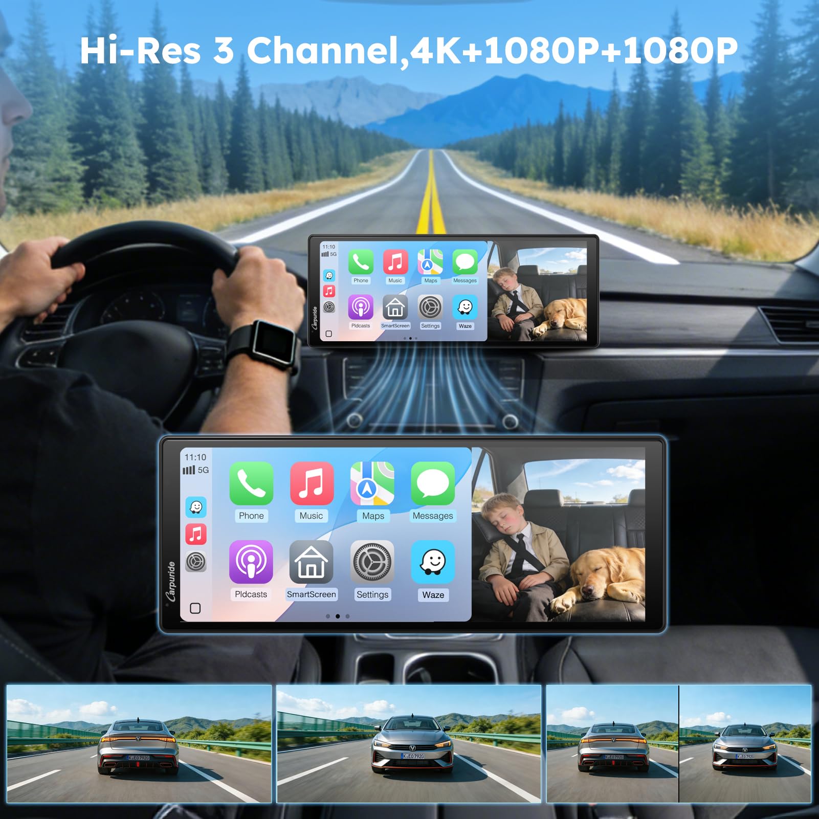 CARPURIDE W903S3 9,3-Calowy Wyświetlacz HD z Bezprzewodową CarPlay i Android Auto, przednią 4K + przewodową tylną 1080p + kamerą podczerwieni, funkcją Loop-Aufnahme, GPS, FM, BT, Super Link