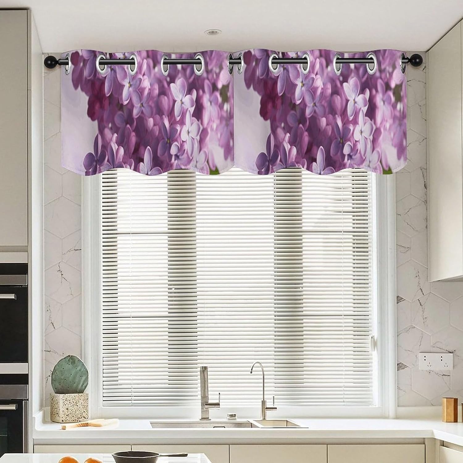 Lilac Flowers Valance for Windows, 2 Pack Kitchen Curtains Modern Home Decor, Soft Blackout Window Curtains for Living Room & Bedroom, 18 X 52 Inch