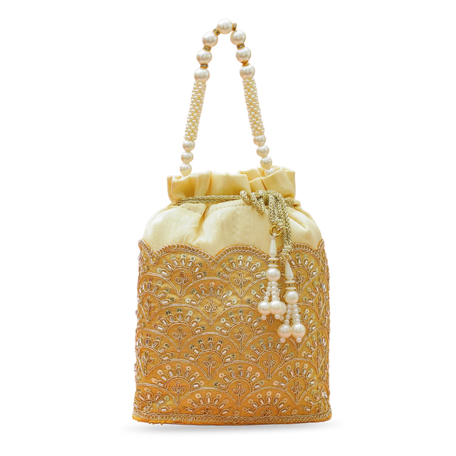 Gold Embroidered Potli Bag with Pearl Handle & Tassel Drawstring Closure Ethnic Accessory for Wedding Festive Gift for Women & Girls-image-31