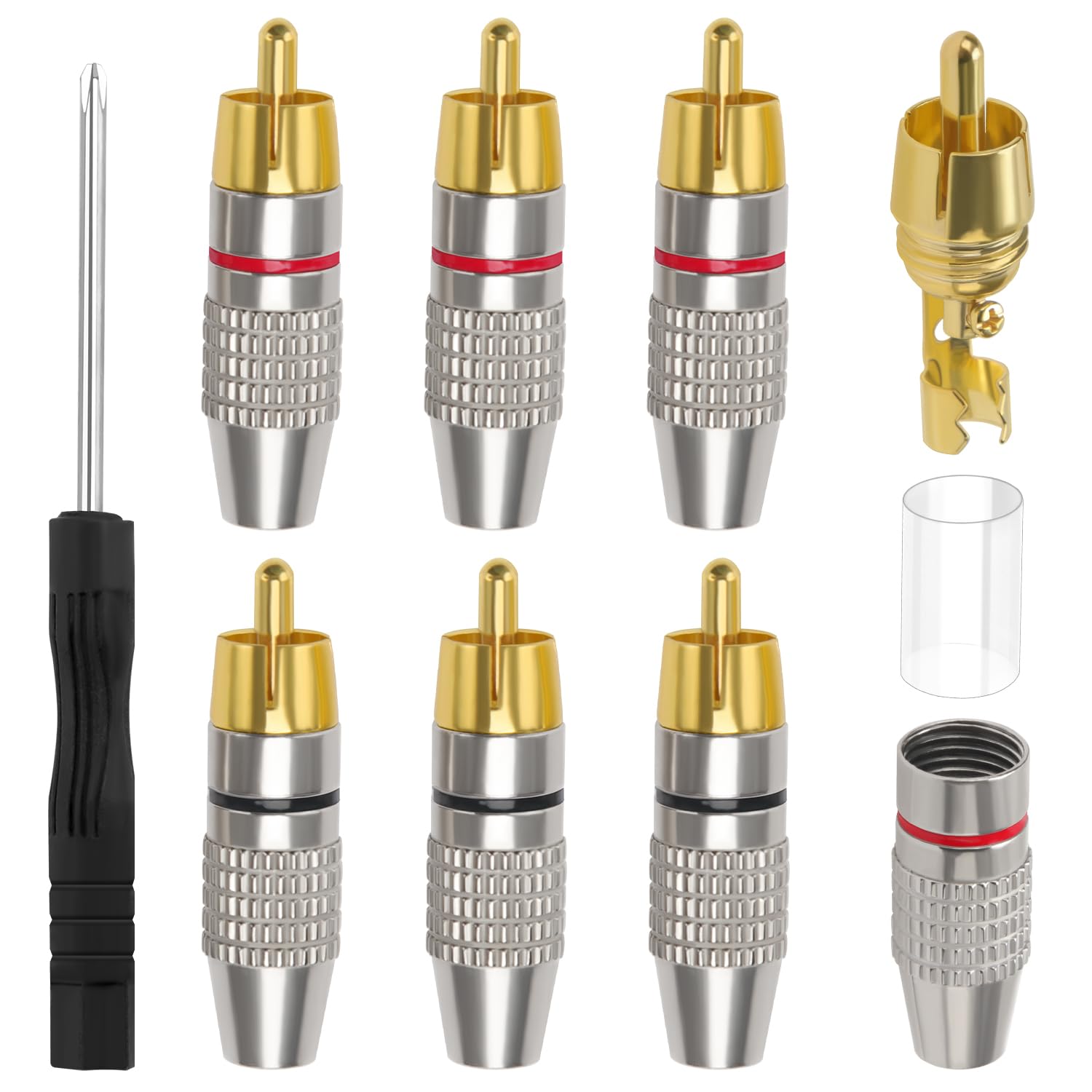 6 PCS Gold Plated RCA Plug Audio Video Connector, RCA Male Plug Solderless, with Screwdriver, for Multimedia and CCTV (3 Black + 3 Red)