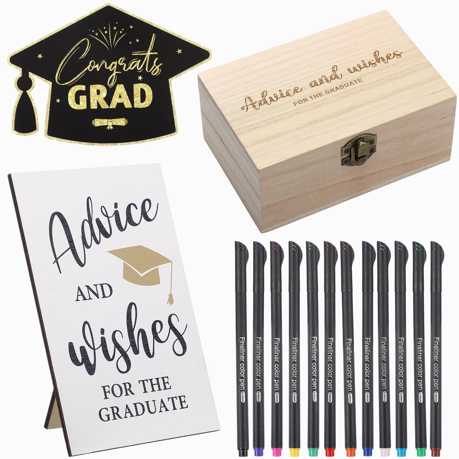 Sinload 114 Pcs Graduation Advice Card Wooden Sign Set with Advice Wooden Box Writing Pen for High School College Graduation Party Theme Game Activity