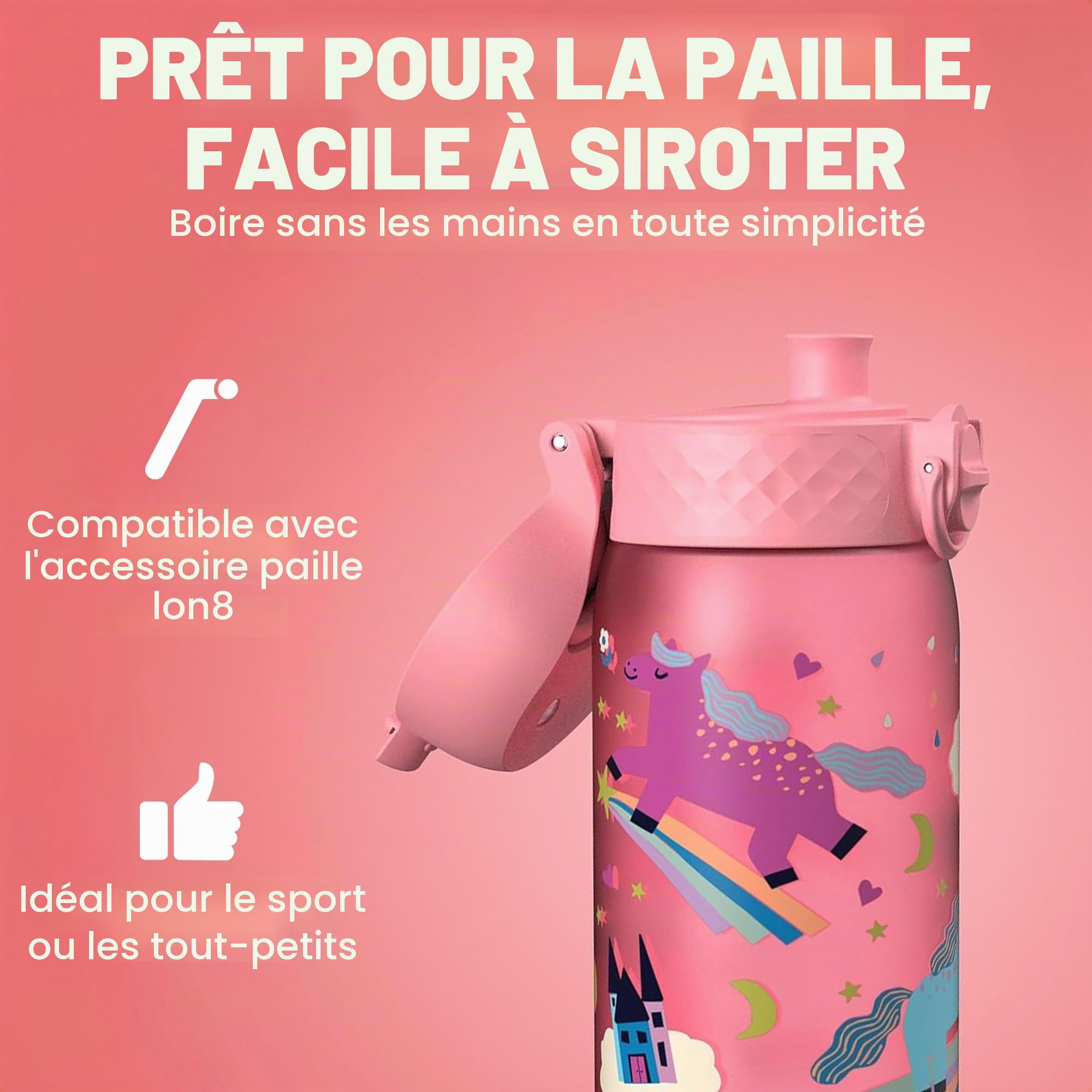 Gourde Ion8 OneTouch En Acier Inoxydable 304 – Anti-fuite, Ouverture Facile, Passe Au Lave-vaisselle, Motif Flamant Rose