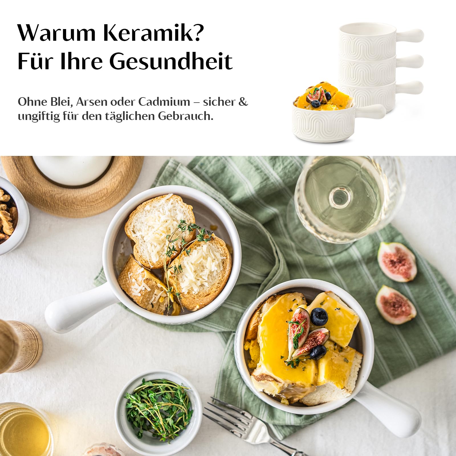 INSETLAN 18oz Suppenschüssel mit Griff,Suppentassen mit Henkel 4er Set, Keramik Suppenschüsseln im Bogendesign für Suppe, Chili, Eintopf – Spülmaschinen- & Mikrowellengeeignet, Stoßfest
