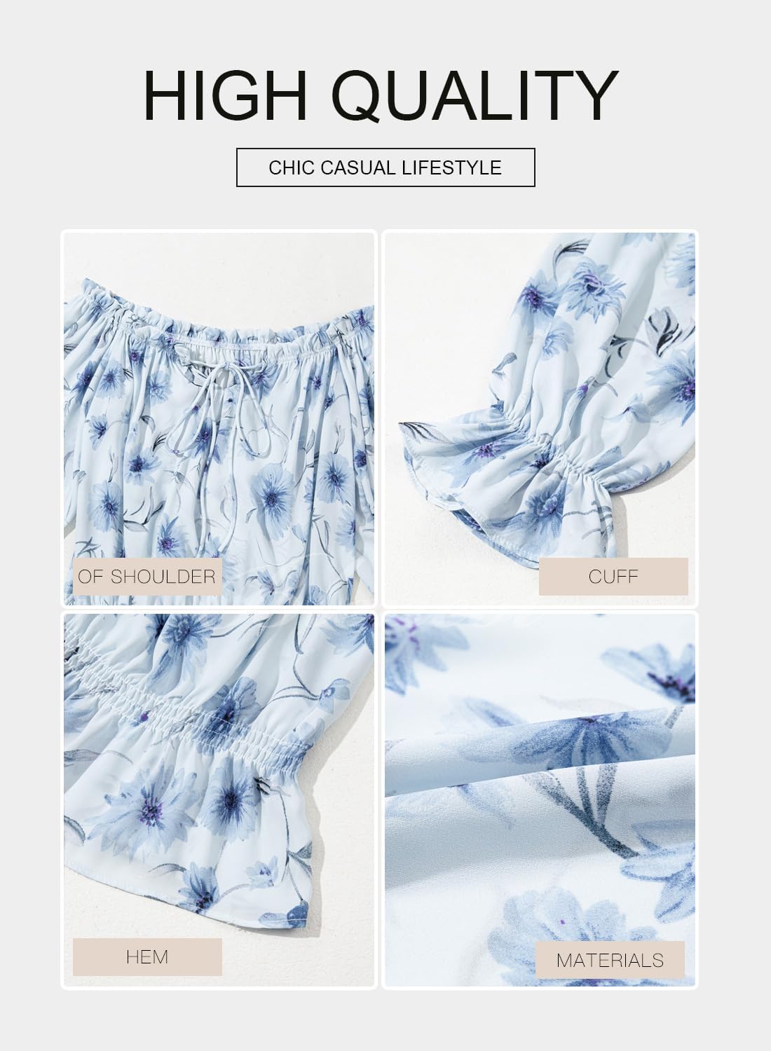 BLENCOT Summer Sexy Off Shoulder Tops for Women Boho Ruffle Sleeve Floral Chiffon Shirts Blouses - Image 4