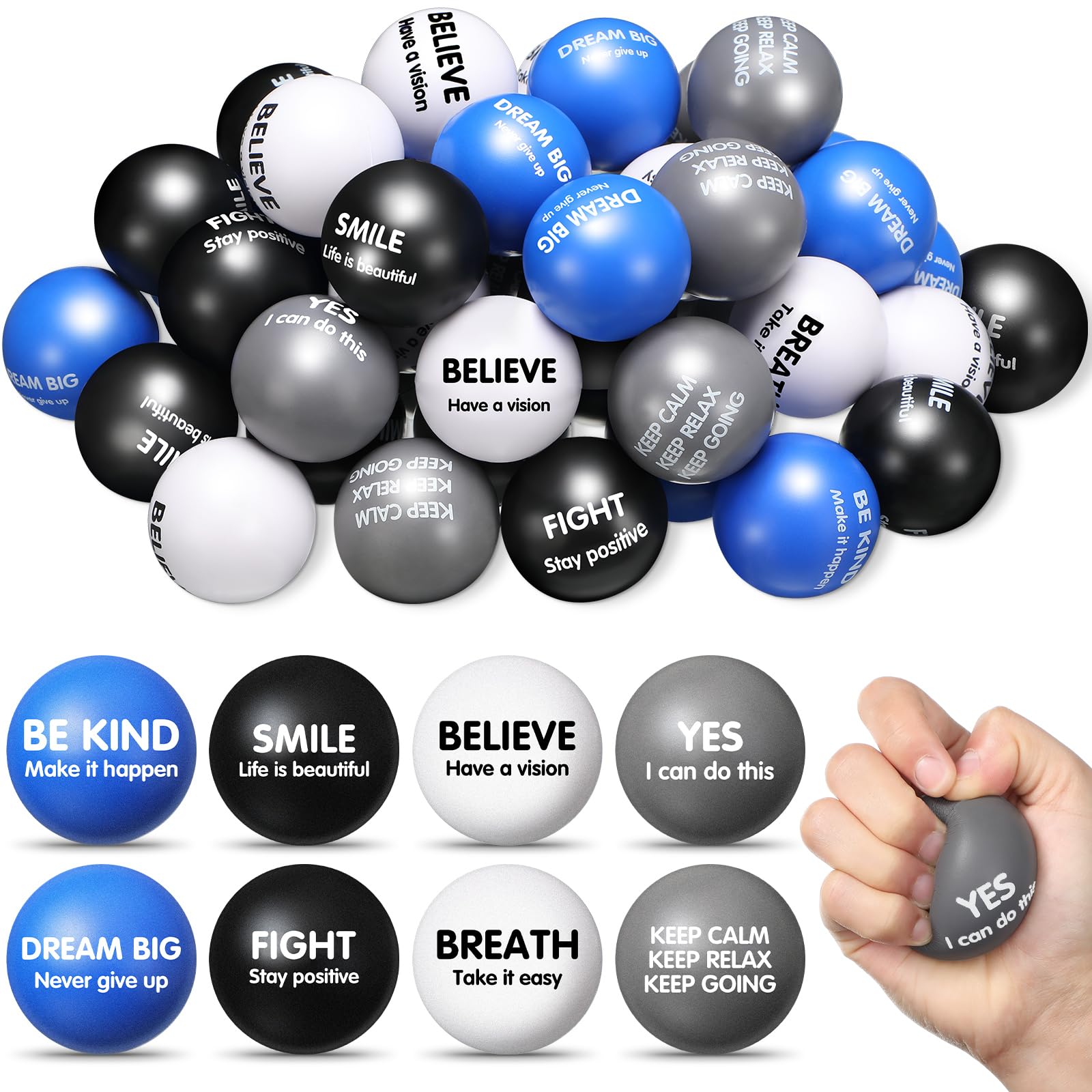 48 Pieces 2.2 Inch Motivational Stress Balls for Adults Inspirational Quotes Squeeze Balls Foam Colorful Stress Relievers Toys Anger Fidget Sensory Gifts for Adults Kids(Classic Colors)