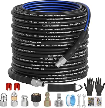 Sewer Jetter Kit for Pressure Washer150FT,1/4" NPT Drain Cleaner Hose 5800PSI with 3 Sewer Jet Nozzles,Pearl Corsage Pin,Marking Ring,Spray Nozzle,Teflon Tape&Gloves