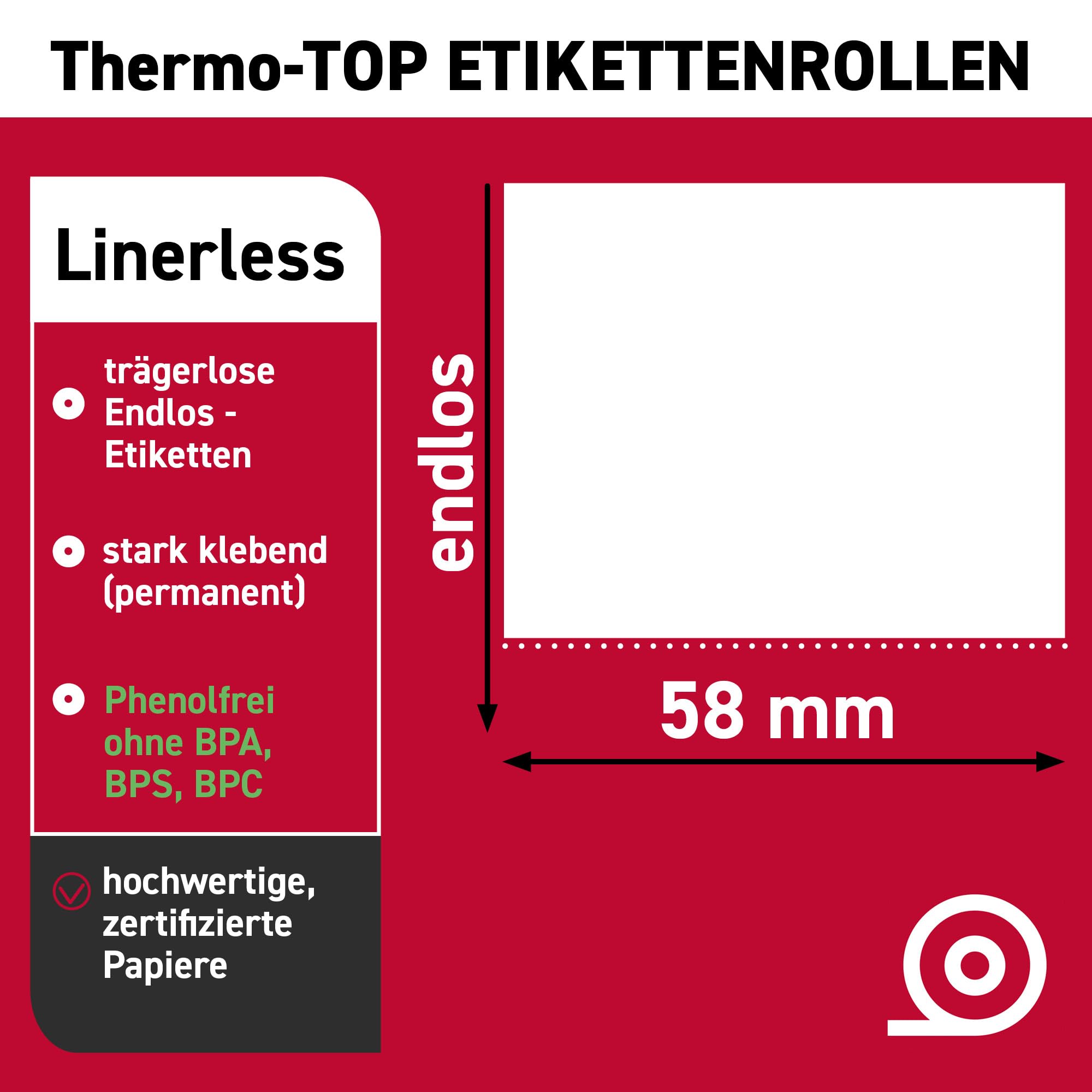 Linerless Thermoetiketten 58 mm x 65 m x 40 mm Kern - 24x trägerlose Etiketten selbstklebend ohne Träger mit Ø ca. 95 mm - passend für Bizerba, Mettler Toledo - Thermo Etiketten für Waagen