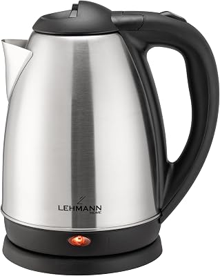 LEHMANN Bouilloire Électrique en Acier Inoxydable, 2200W, 1,8 L, Chauffage Rapide, Base à 360°, Arrêt Automatique, Protection Contre la Surchauffe, Bouilloire sans BPA pour thé et café, Argent