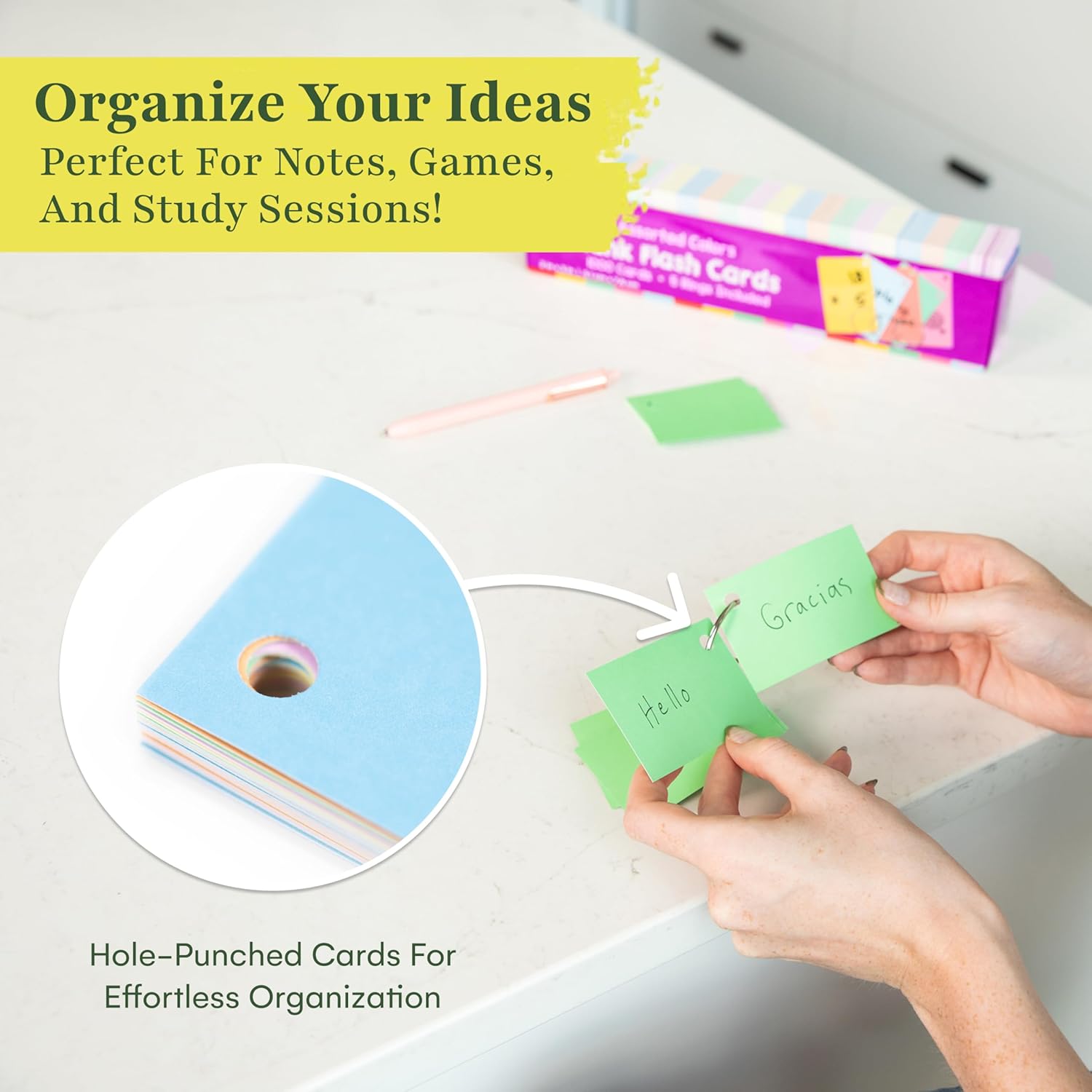 star right assorted colored blank flash cards - 2 x 3 inches blank index note cards, flash cards blank, 1000 pre hole punched with metal binder rings, blank flashcards for gmt prep, math, language