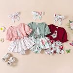 Newborn Baby Girl Romper Dresses Clothes Set Short Sleeve Floral Ruffle Bow Overall Bodysuit Onesie Floral Skirt Hem Outfit