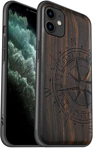Carveit Funda de madera para iPhone 11 madera real dura y TPU suave negro a prueba de golpes, funda protectora híbrida de madera única compatible