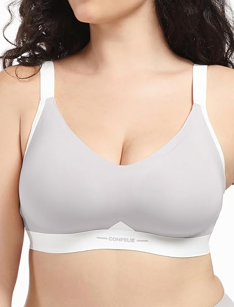 COMFELIE Seamless Wireless Bra for Busty Women No Underwire Lightly Lined Deep V T-Shirt Bralette Underarm-Smoothing