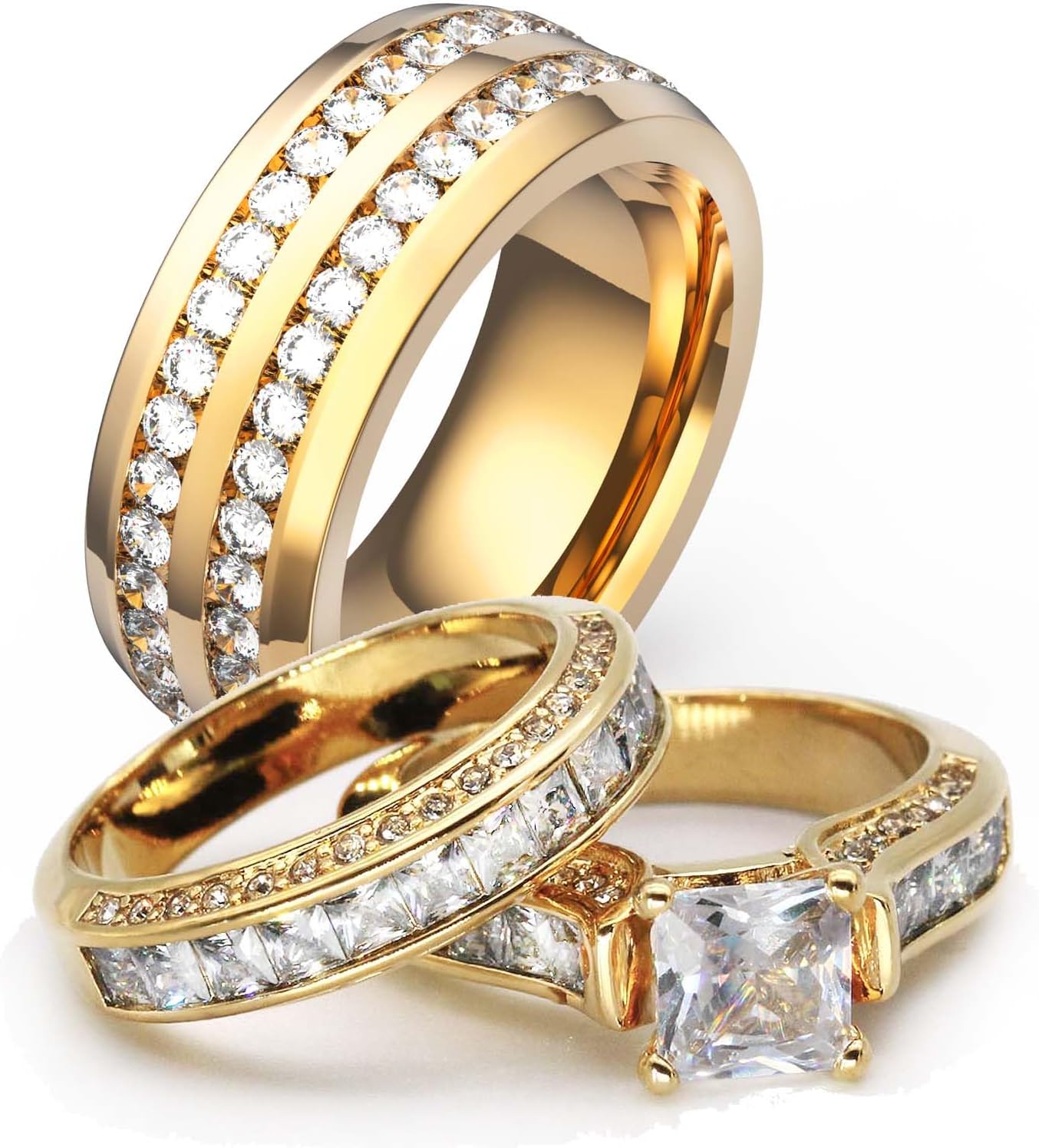 Couple Ring Bridal Set His Hers Women White Gold Filled CZ Men Stainless Steel Wedding Ring Band Set
