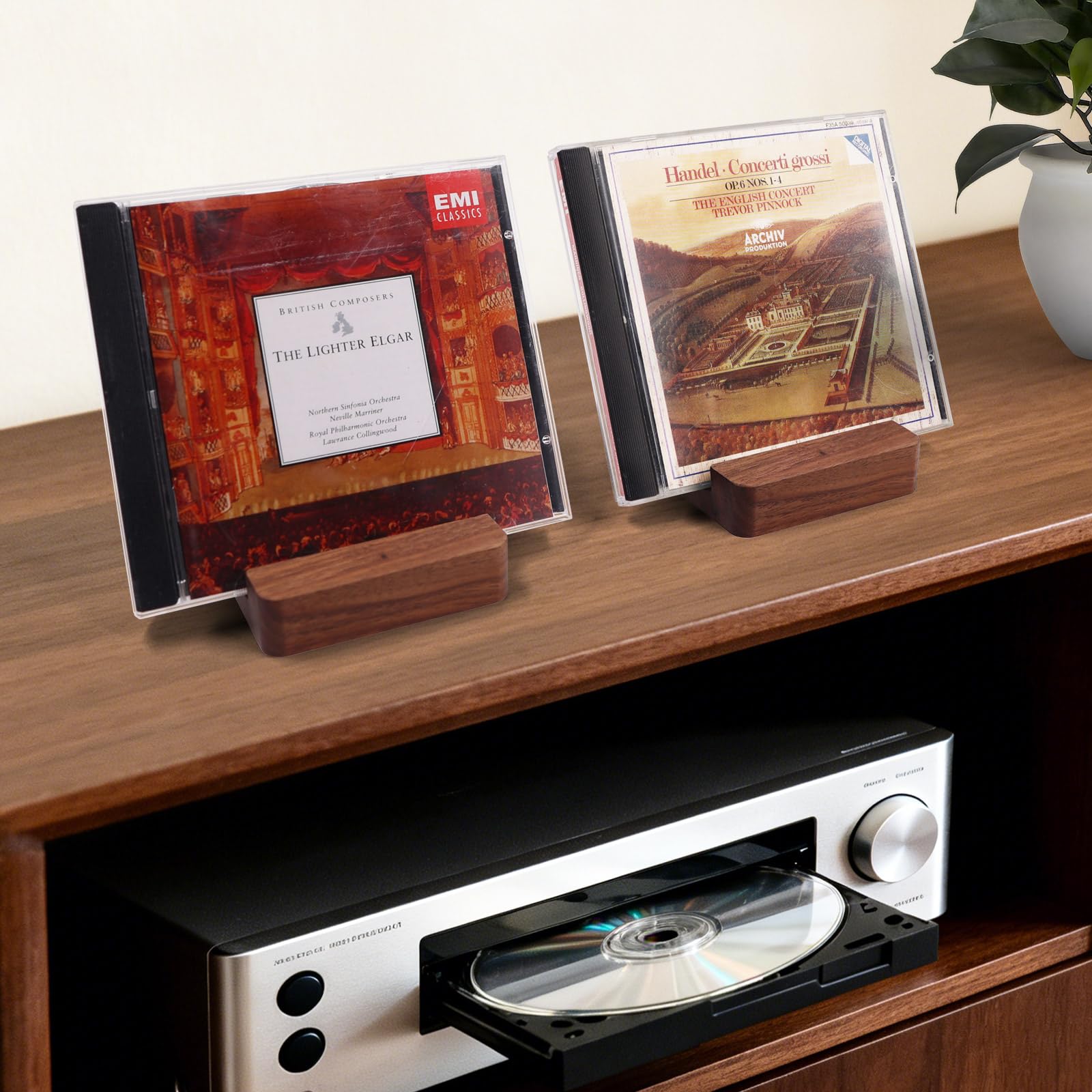 MayRecords 2 supporti in legno per CD e telefono, organizer per CD/DVD in legno massello + supporto per telefono da scrivania per media e dispositivi mobili (legno di noce nero)