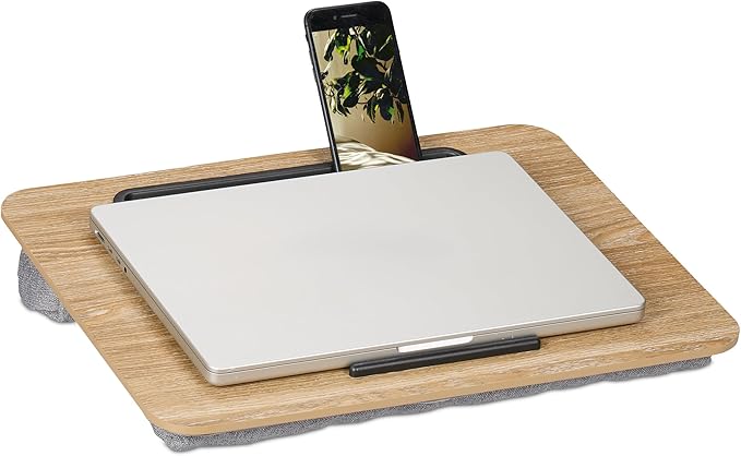 Relaxdays Laptopkissen mit Handyhalter, BxT: 42 x 32 cm, Laptopunterlage für Bett & Sofa, Laptop Knietablett, Natur/grau