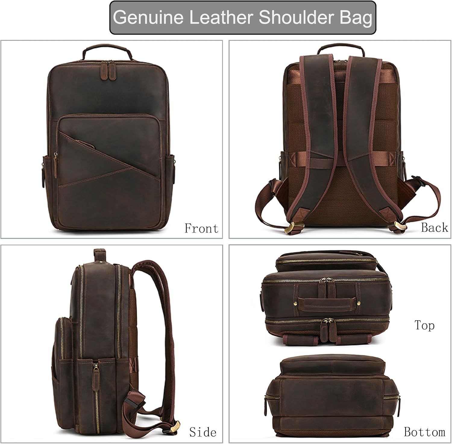 LUUFAN Vintage Genuine Leather Backpack Large Capacity 16" Laptop Shoulder Bag for Men Overnight Weekender Daypack Rucksack, Dark Brown