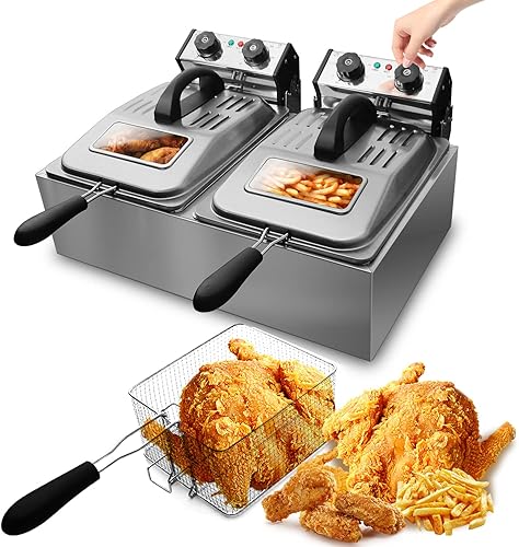 WantJoin Freidora comercial con ventana de vidrio de 3200 W, 12 L12 cuartos de galón, acero inoxidable, doble tanque, freidora eléctrica con 2