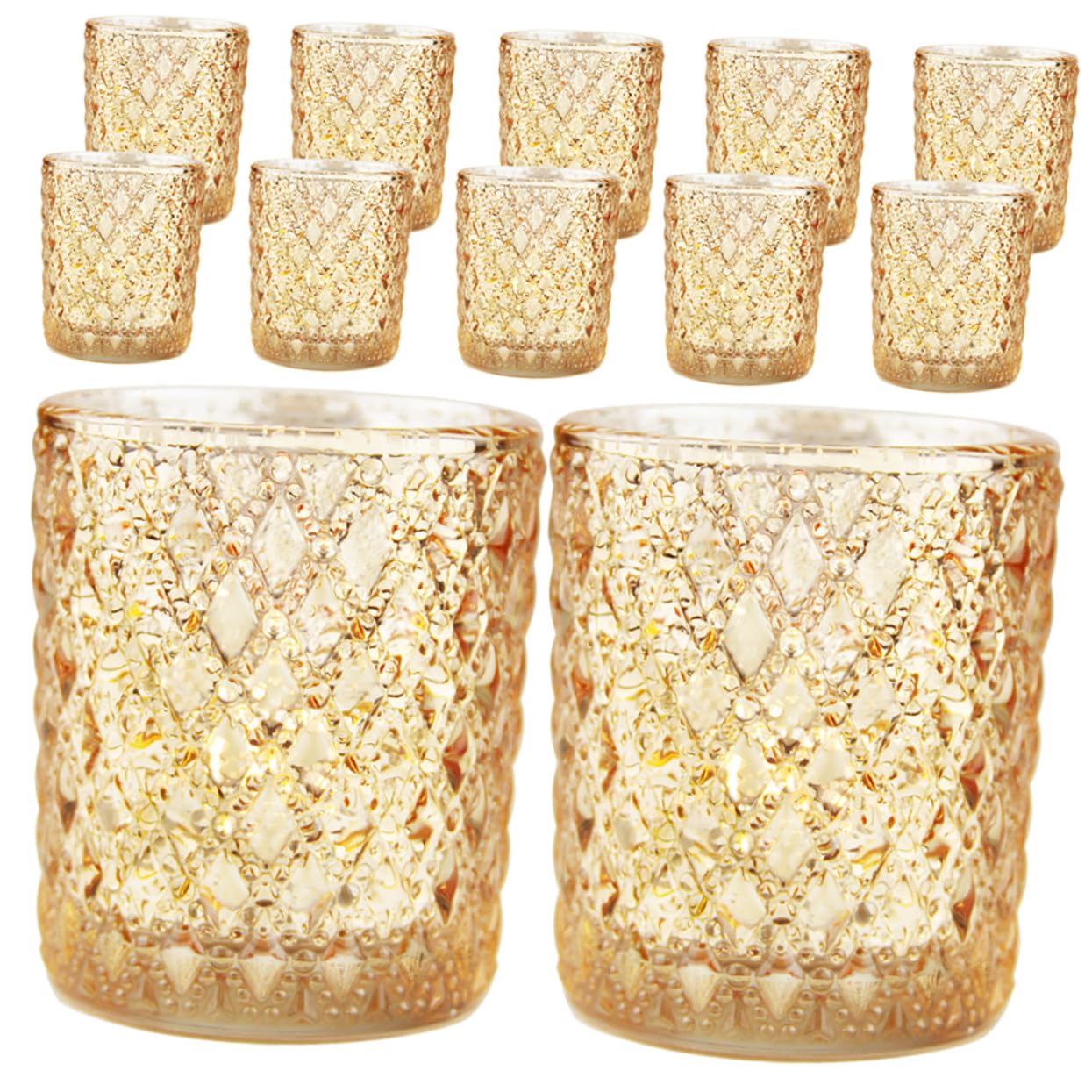 Set 12 Pezzi Porta Candele in Vetro Oro Design Europeo Elegante e Portatile per Decorazioni Romantiche in Occasioni Speciali e Vita Quotidiana