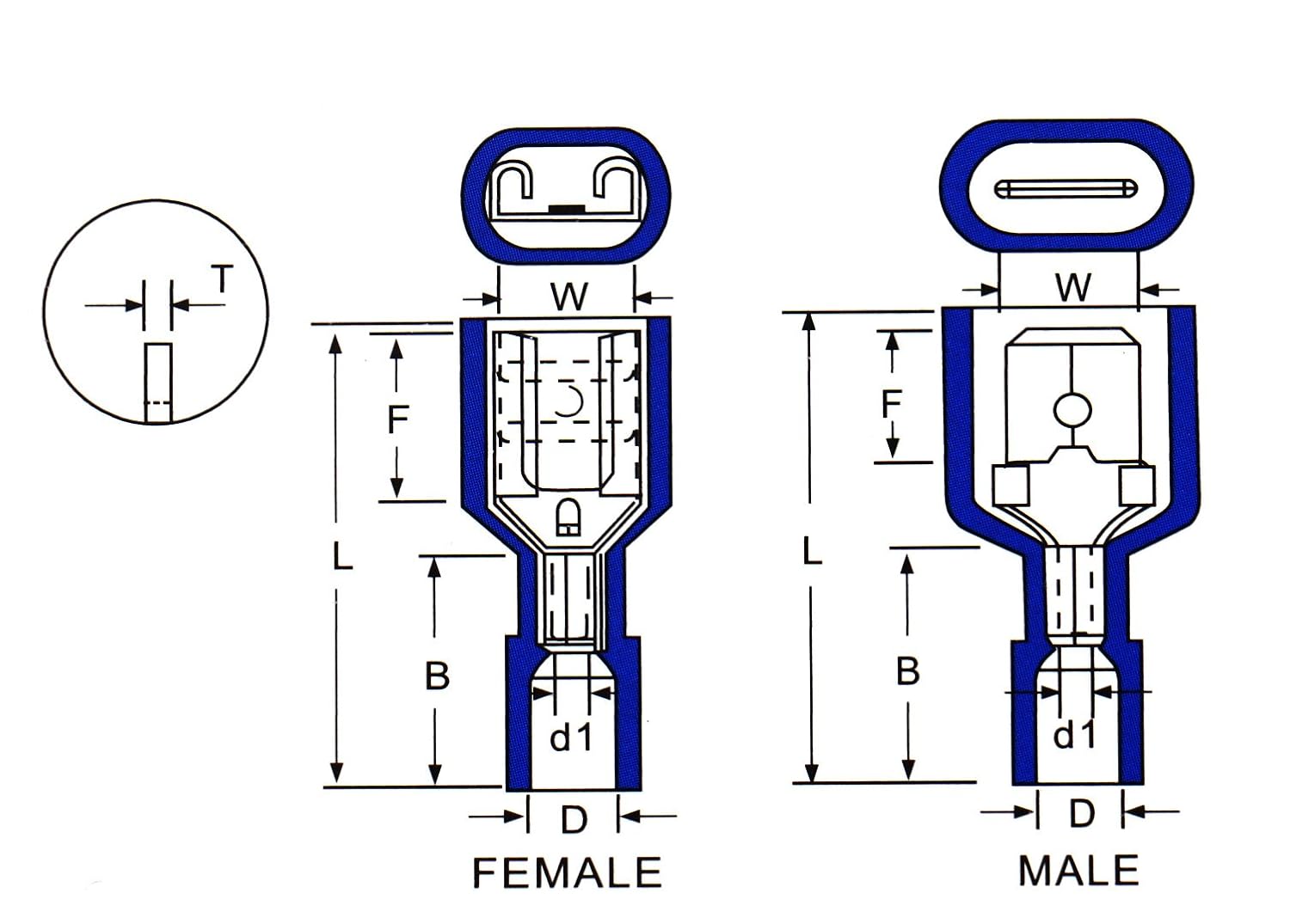 Baomain Female Quick Disconnects Nylon Fully Insulated-Double Crimp, AWG 14-16 FDFN2-250 Blue Pack of 1000