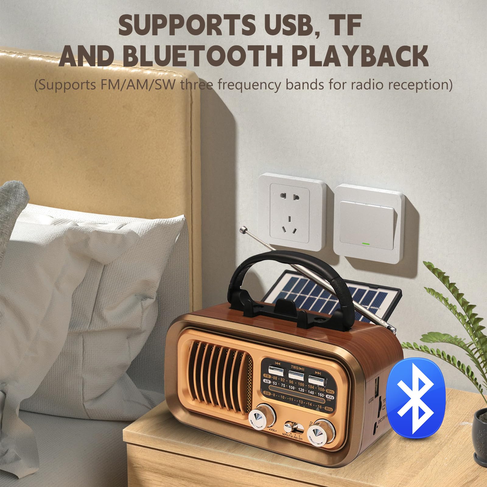 Radio portátil retro con Bluetooth, AM/FM/SW radio de maleta solar funcionamiento con batería/funcionamiento con pilas D, altavoz radio de cocina con panel solar soporte para móvil compatible con