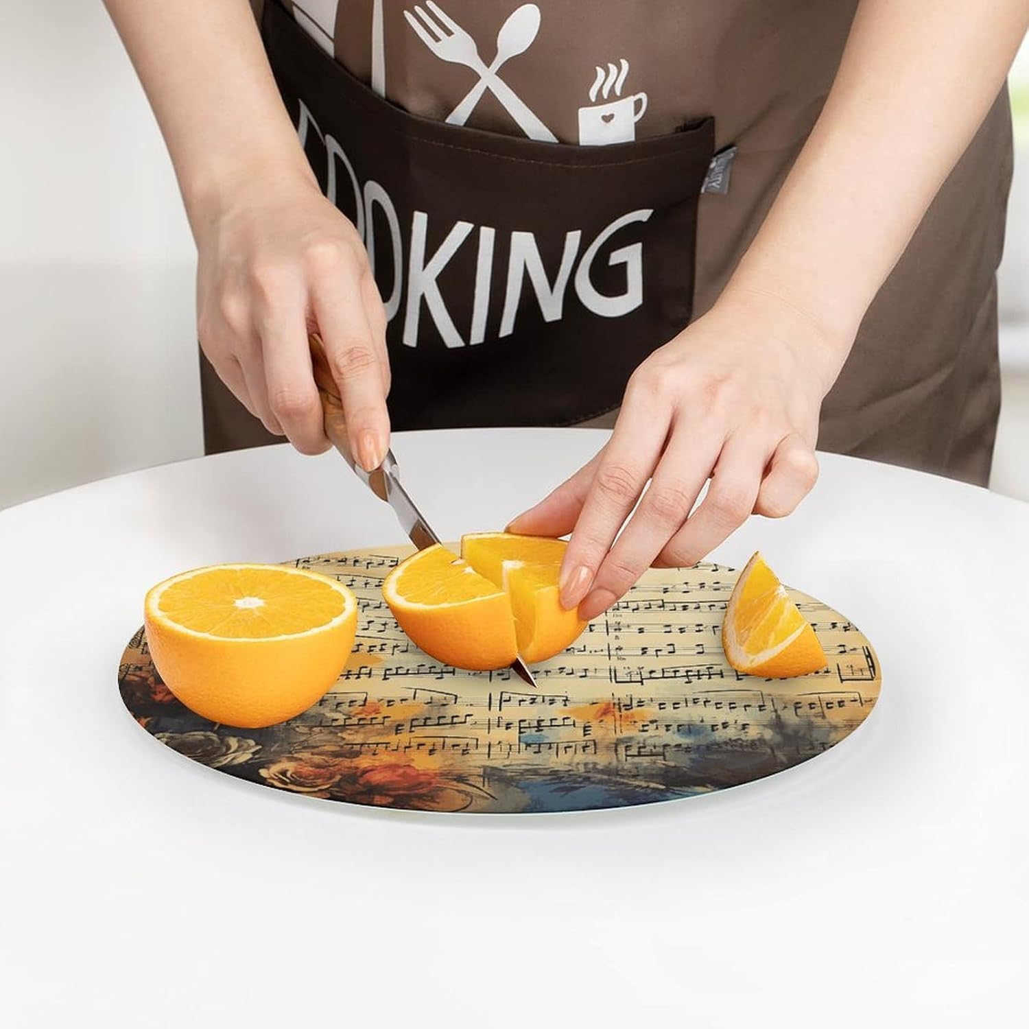 Vintage Music Note Chopping Block Tempered Glass Cutting Board Mats Round Countertop Cutting Boards Small Charcuterie Boards Bar Cheese Board Snack Tray
