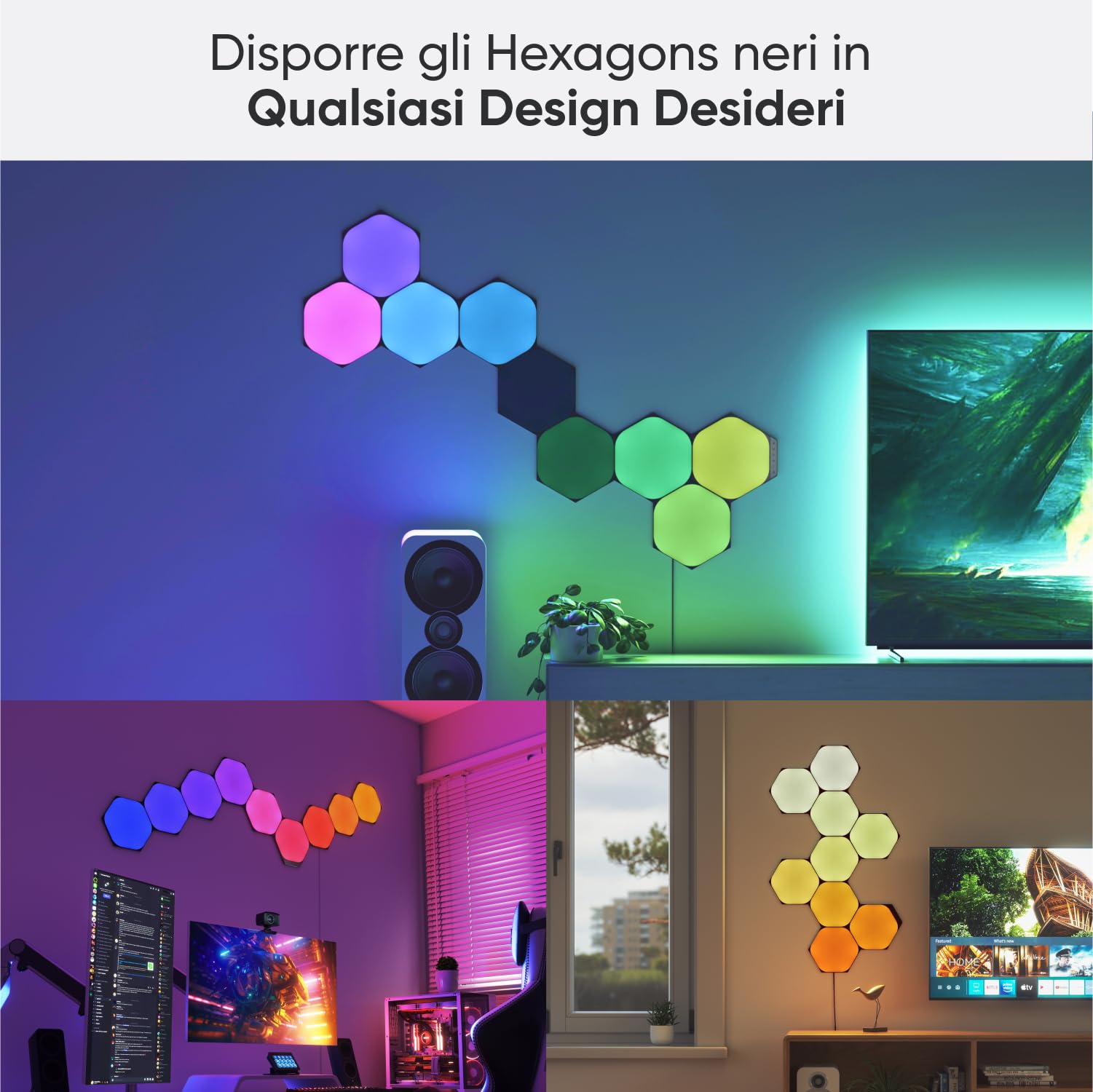 Nanoleaf Shapes Ultra Black Hexagon Starter Kit, 9 Esagoni Luminosi LED RGBW Smart - Applique da Parete Interno Modulari, Luci Led 16M Colori WiFi, Funziona con Alexa, Sincronia Musica e Monitor