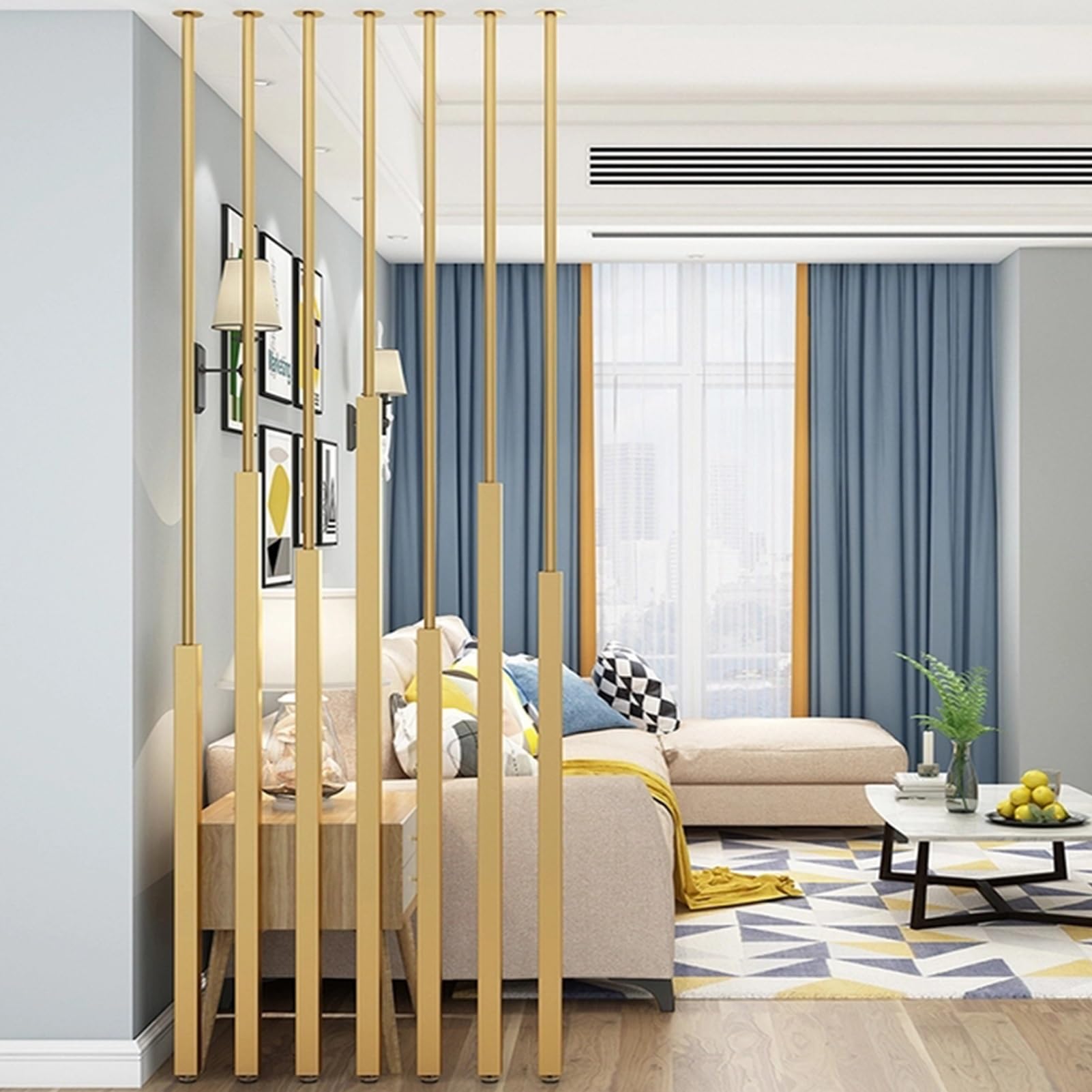 Biombo Separador de ambientes Gold Paravent | Panel divisorio Independiente para Pasillo de Entrada y Escalera | Mampara de privacidad de 5/8 Piezas con Listones metálicos(5pcs-A,120cm/47in/3.9ft)