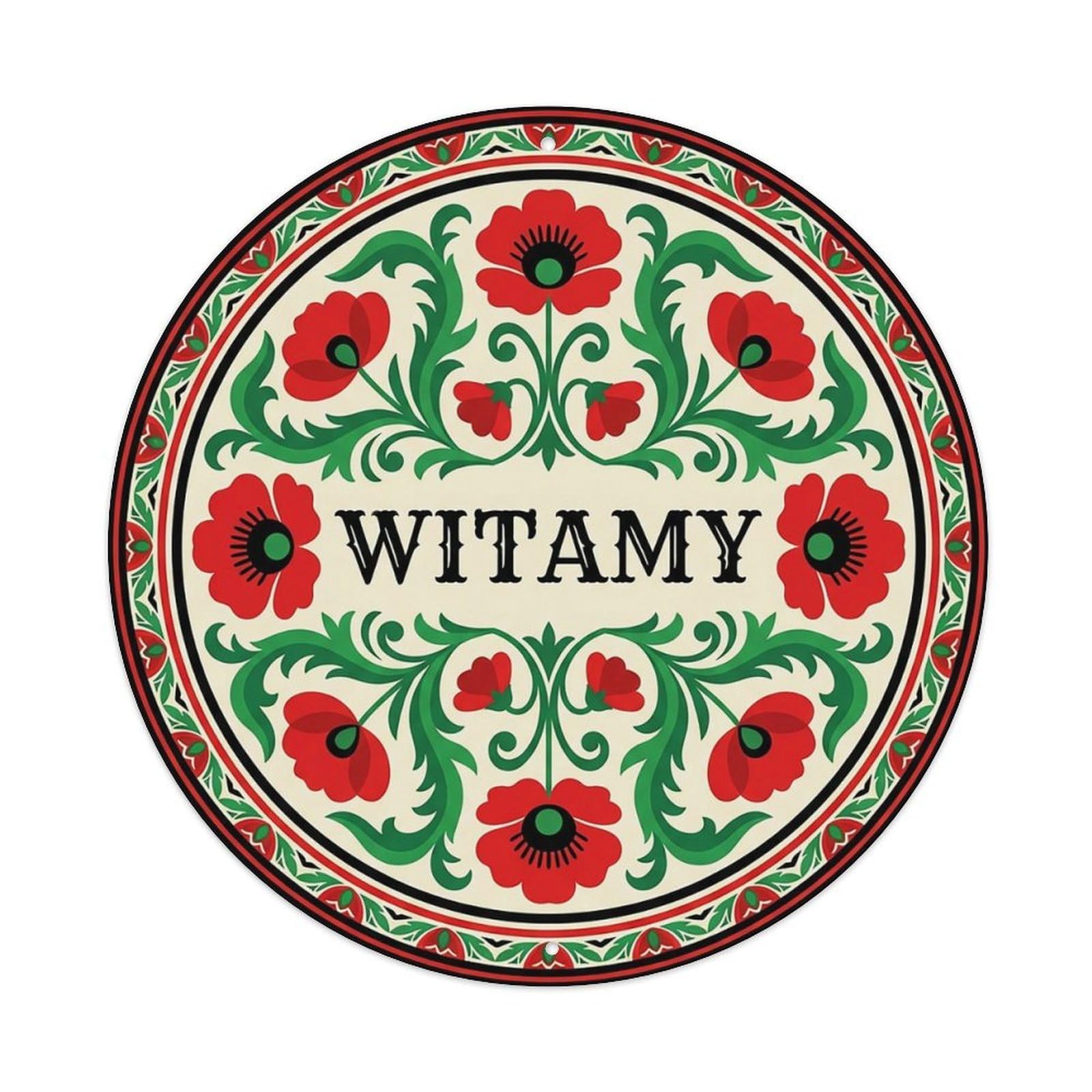 Vintage Polish Folk Art Witamy Welcome Poppy Red Metal Tin Sign