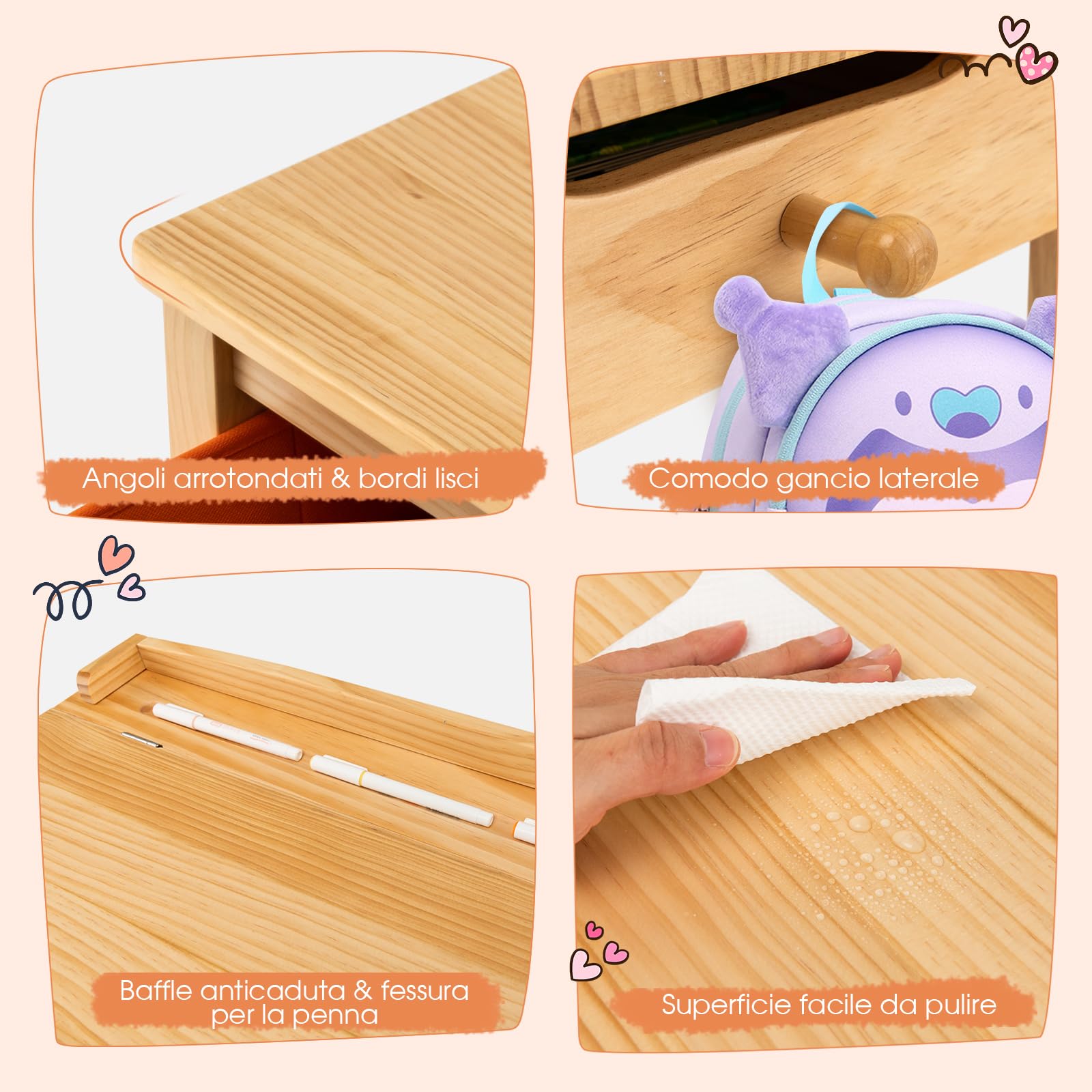COSTWAY Set Tavolo e Sedia per Bambini 3+ Anni, Scrivania Ribaltabile in Legno di Pino con Cassetto Estraibile, Gancio e Cerniera Sicura a Chiusura Lenta, Ideale per Studio e Disegno (Naturale)