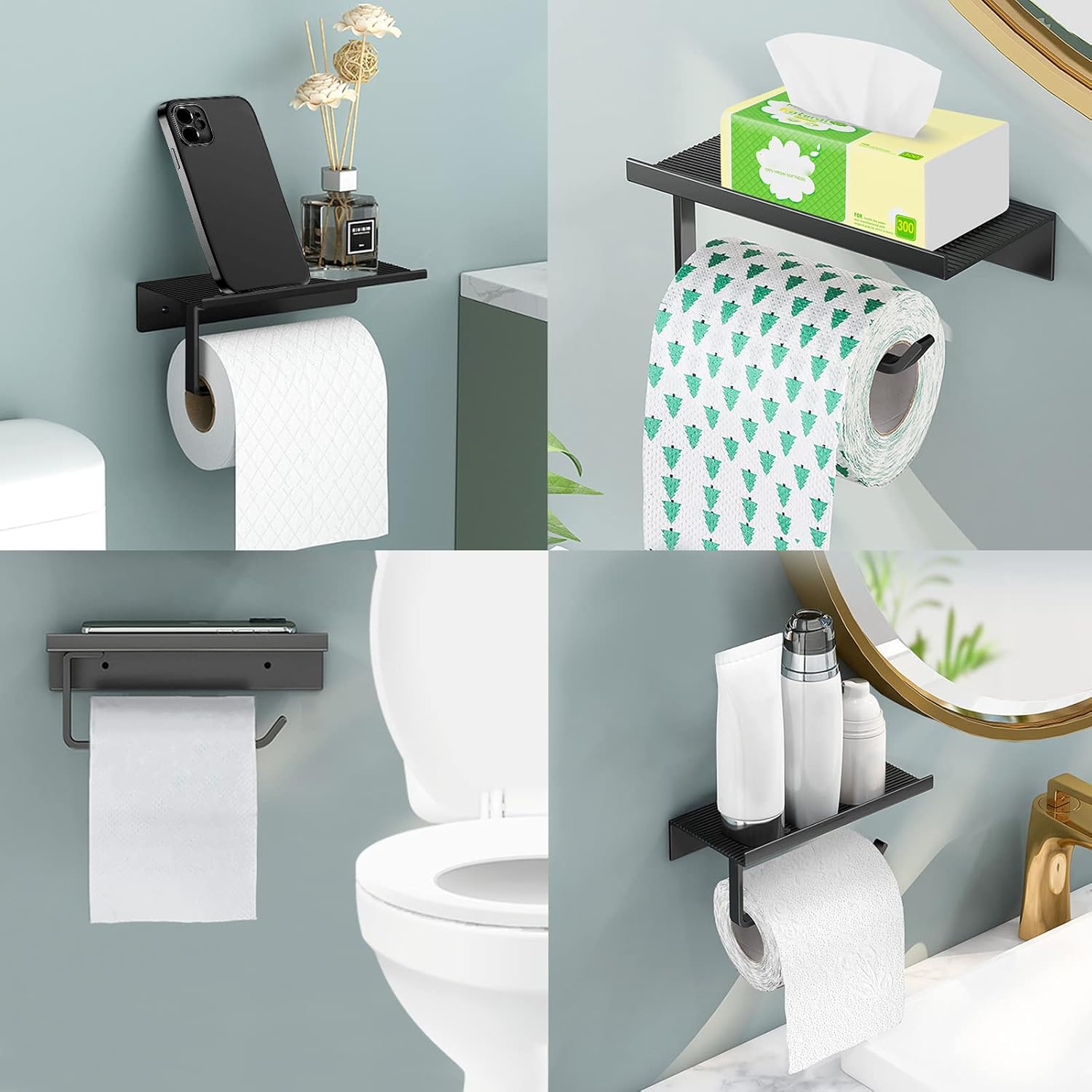 Porte Papier Toilette Mural Sans Perçage Avec Boîte à Lingettes - Acier Inoxydable Noir, 3 En 1