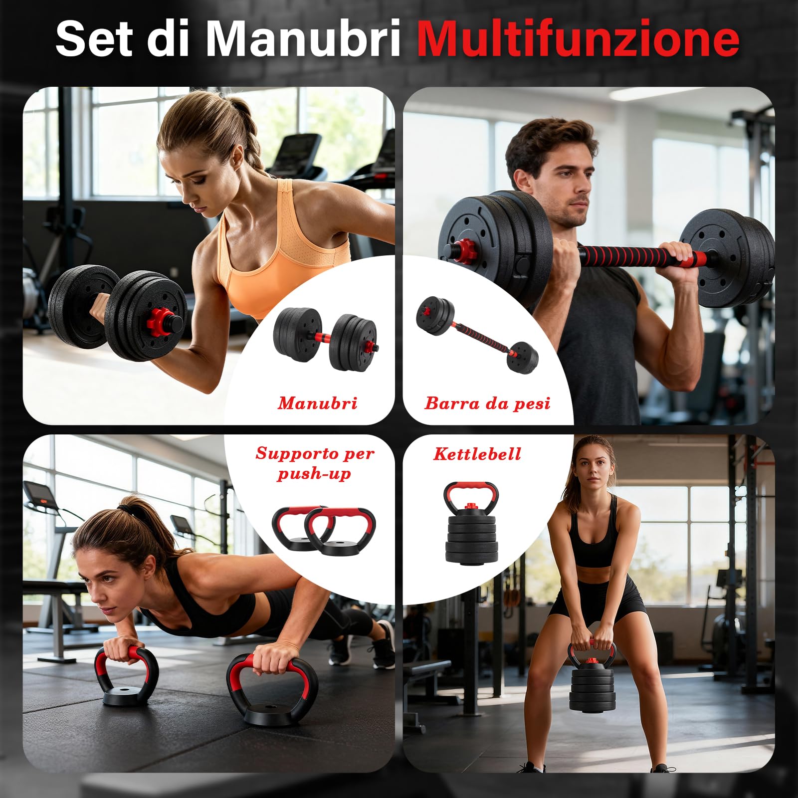 TEENO Kit Completo per Muscolazione 15 kg, 20 kg, 30 kg con Kettlebell, Manubri, Barre e Supporti per Flessioni, Ideale per il Fitness Domestico