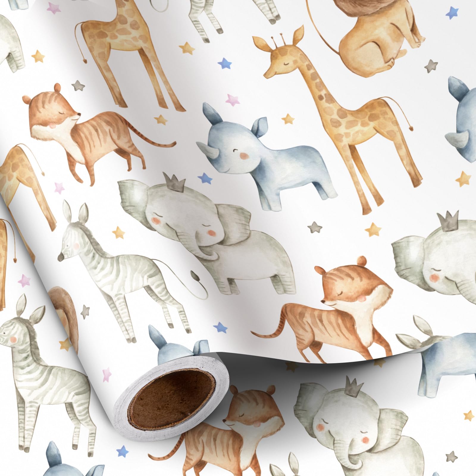 RUSPEPA Rollo De Papel De Regalo Con Animales De La Selva Para Niños Y Niñas, Lindo Diseño De Safari Con Elefante, Jirafa, Cebra, León, Papel De Regalo Para Cumpleaños Infantiles, 43,2 Cm X 5 M