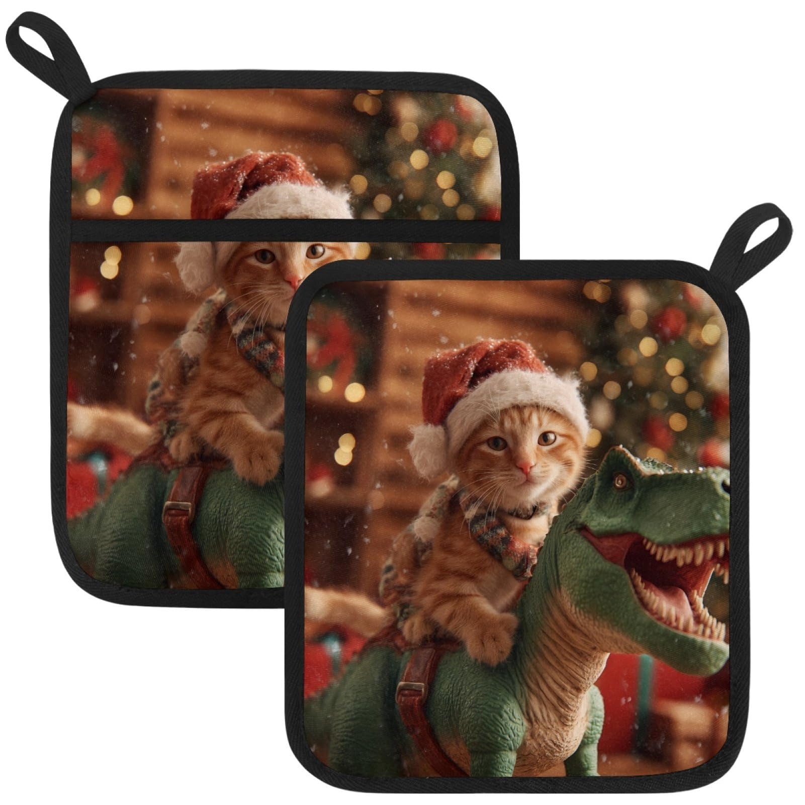 VAPOKF Christmas Cat Dinosaur Pot Holder, Heat Resistant Oven Cloths, Potholders & Oven Gloves, for Kitchen Cooking & Baking, Thick & Safe, Protection of Hands From Hot Utensils