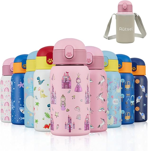 Autsel Kids Water Bottles with Straw 500ml Insulated Stainless Steel Princess Water Bottle BPA-Free Reusable Metal Water Bottle with Protective Case for Girls and Boys Keep 6h Hot & 12h Cold