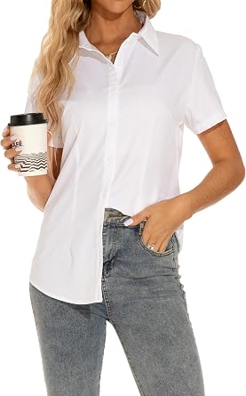 GUANYY Womens Classic-Fit Dress Shirts Short Sleeve Button Down Shirt Casual Work Office Business Wrinkle-Free Blouse