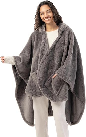 Berkshire Faux Fur Wearable Blanket, Cozy Reversible Loftmink Fleece Shawl with Hood & Side Pockets