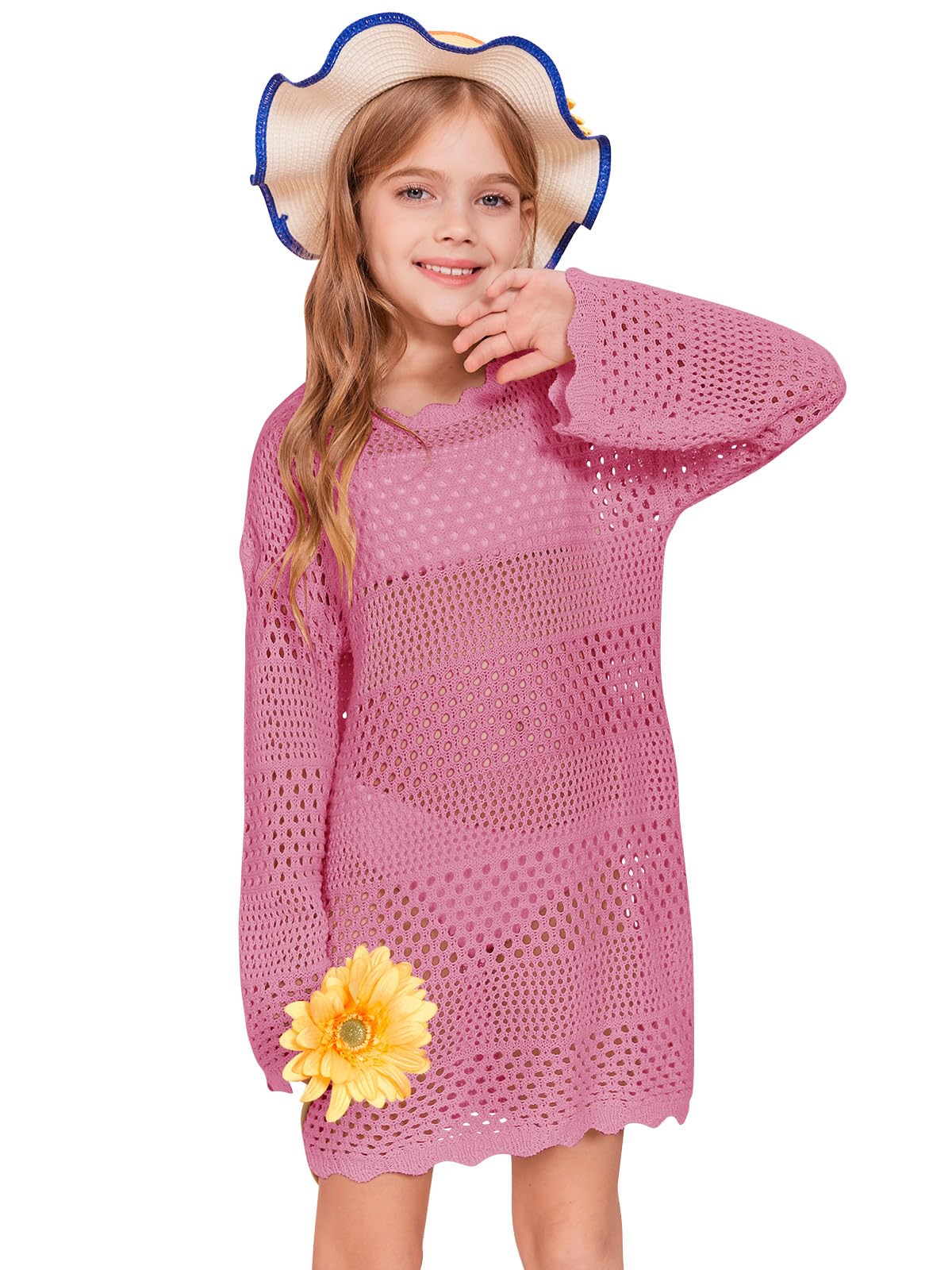 Batermoon Girls Crochet Long Sleeve Swimsuit Cover Up Kids Fashion Hollow Out Swimwear Beach Dress 5-14 Years