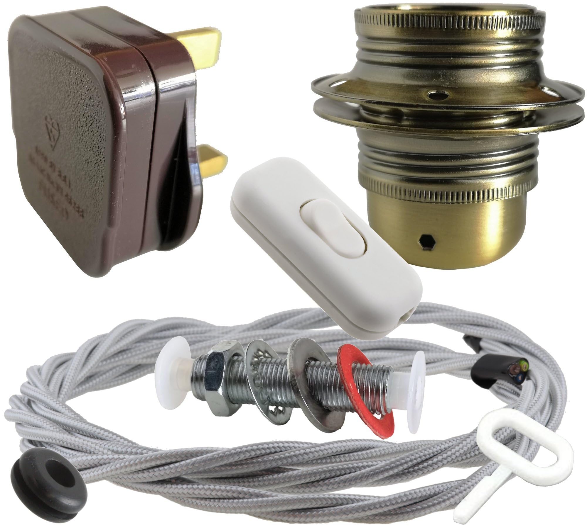 Art Deco Emporium Lamp Repair and Service Kit|Brown Plug|Silver Flex|White Switch|E27 Antique Brass Finish Lamp Holder Holder — image 1