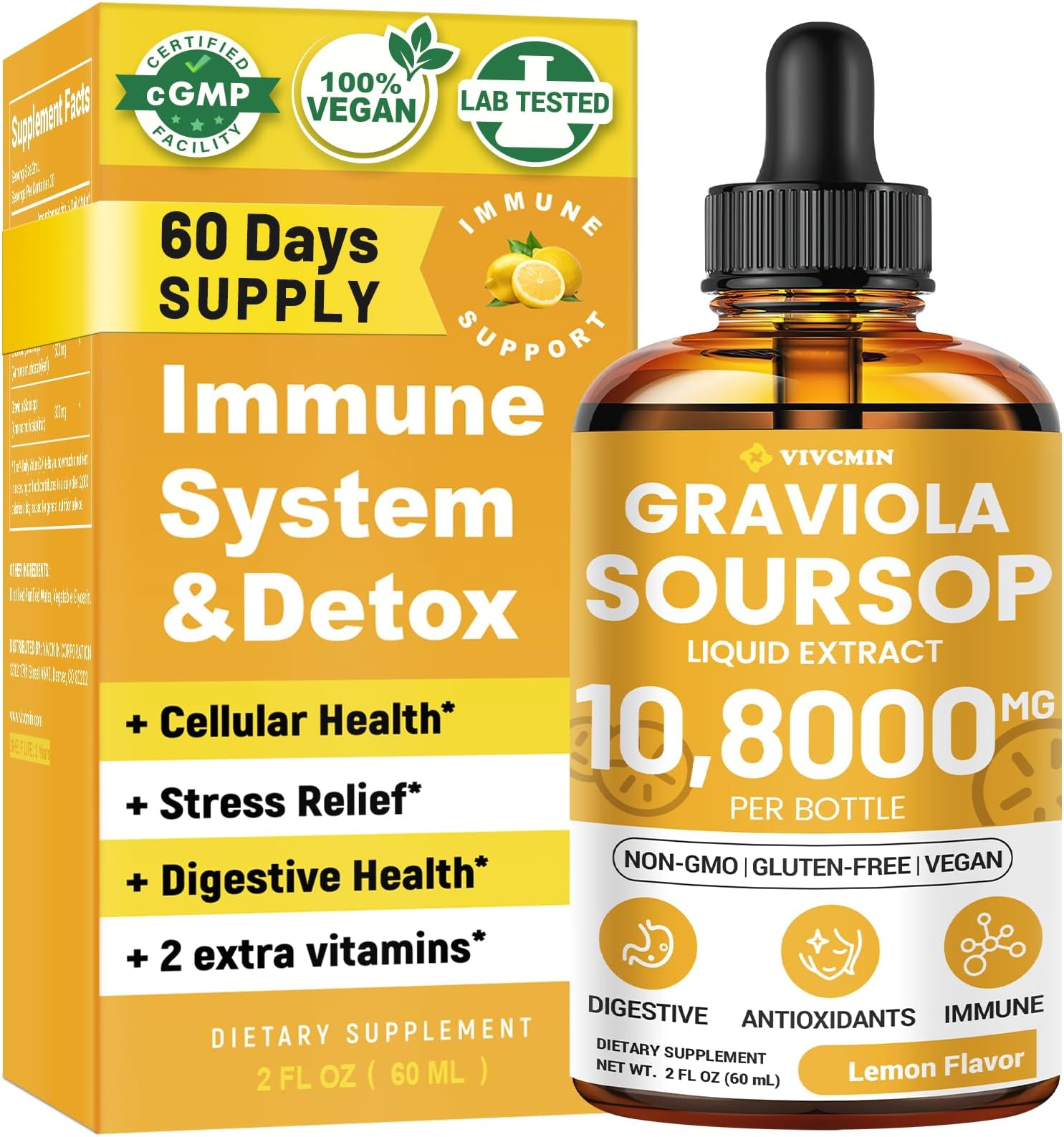 Graviola Soursop Leaf Extract Liquid - Soursop Bitters Liquid, Support Immune, Relax, Liver and Sleep, Sugar & Alcohol-Free, Highly Absorbable Formula, Lemon Flavor, 2 Fl Oz