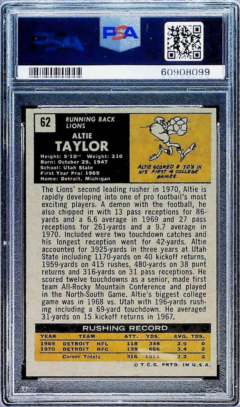 1971 Topps Football #62 Altie Taylor Detroit Lions PSA 8 NM-MT Trading Card