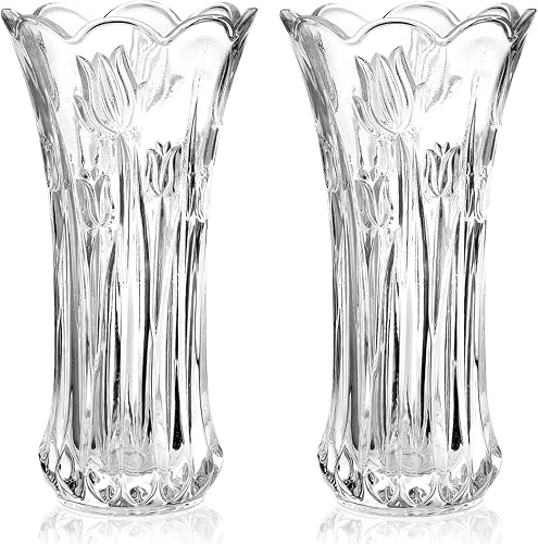 Dicunoy Set of 2 Glass Flower Vase, 9.5" Large Flower Vases for Centerpieces, Modern Clear Heavy Duty Crystal Tall Cylinder Flared Vase for Rose Bouquet, Home, Wedding, Living Room, Office