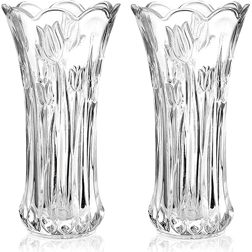 Dicunoy Set of 2 Glass Flower Vase, 9.5" Large Flower Vases for Centerpieces, Modern Clear Heavy Duty Crystal Tall Cylinder Flared Vase for Rose Bouquet, Home, Wedding, Living Room, Office