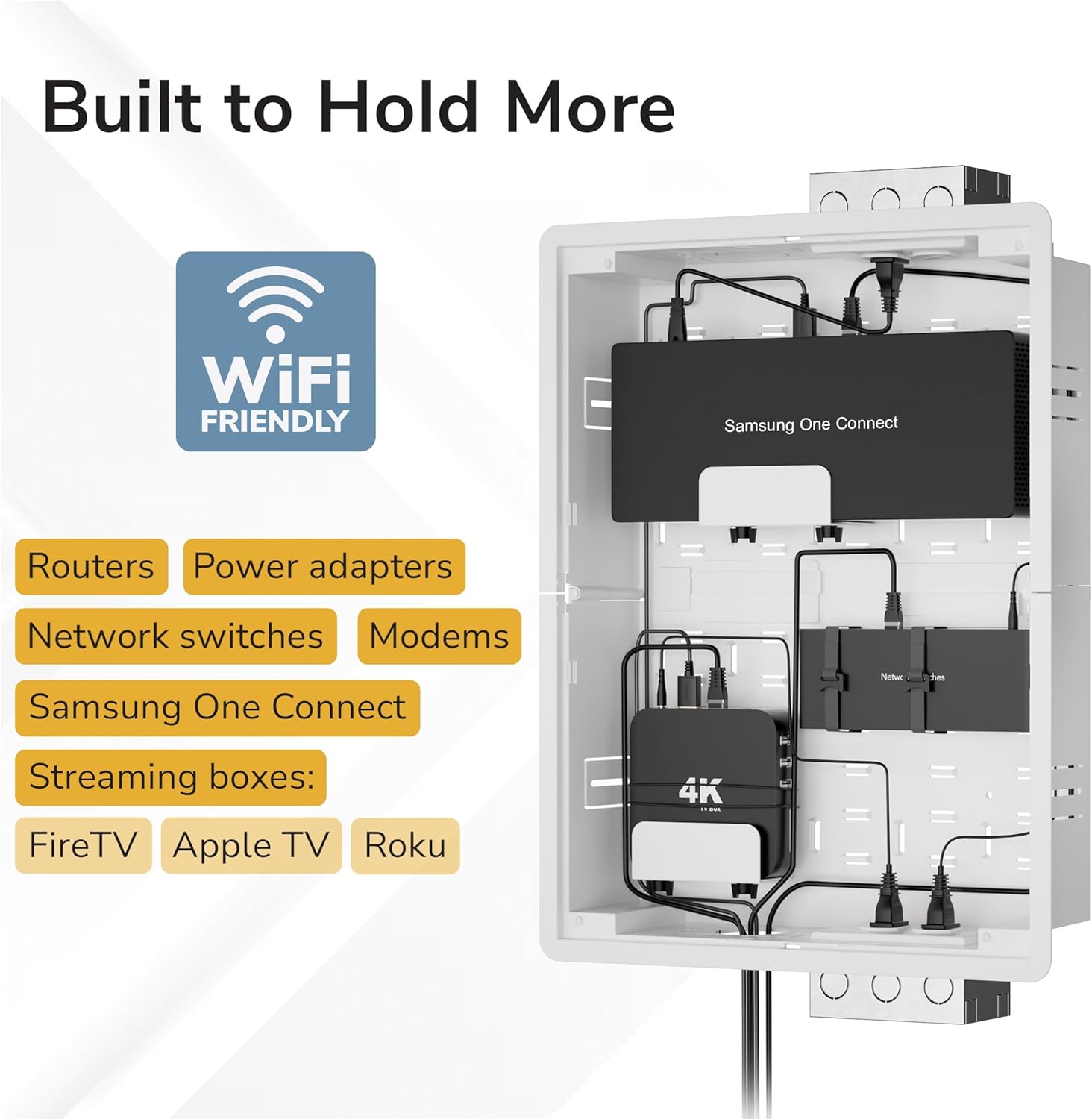 Mount-It! PRO 17" Recessed TV Box, in-Wall Media Enclosure with 4 Outlet Knockouts, Large Ventilated Box for Home Theater Equipment, Router, Cable, Samsung One Connect, WiFi Transparent AV Storage